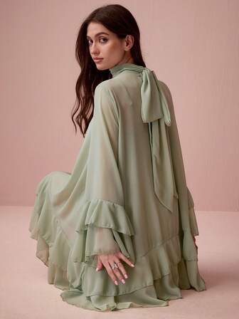 Enchnt Women's Elegant Solid Color Ruffle Sleeve A-Line Dress