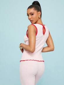 SHEIN Unity Top Spring Ribbed Knit Button Up Tank Top Vest Summer Festivals Pastel Thanksgiving Christmas NYE New Years Eve Outfits For Women - Pink - View 4