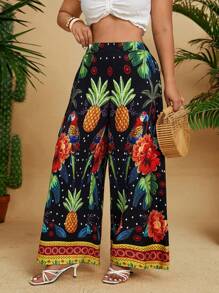 SHEIN Clasi Spodnie damskie w dużych rozmiarach z elastycznym pasem i luźnym kwiatowym nadrukiem w stylu boho eleganckie - Czarne - Zobacz 5