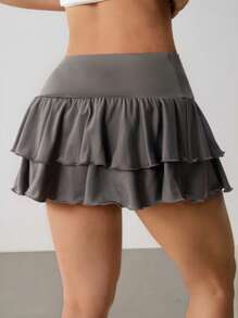 SHEIN PETITE Women's Casual Grey Mini Skirt With Layered Ruffle Detail And Zipper Closure - Grey - View 2