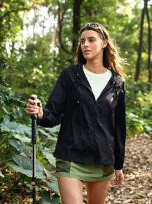In My Nature Veste de soleil pour femmes avec col zippé, cordon de serrage, capuche et manches longues de couleur unie, idéal pour la randonnée