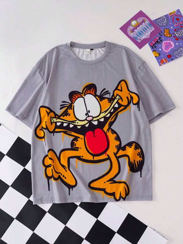 GARFIELD X SHEIN Tricou cu mânecă scurtă, casual, împletit, cu desene animate, primăvară/vară