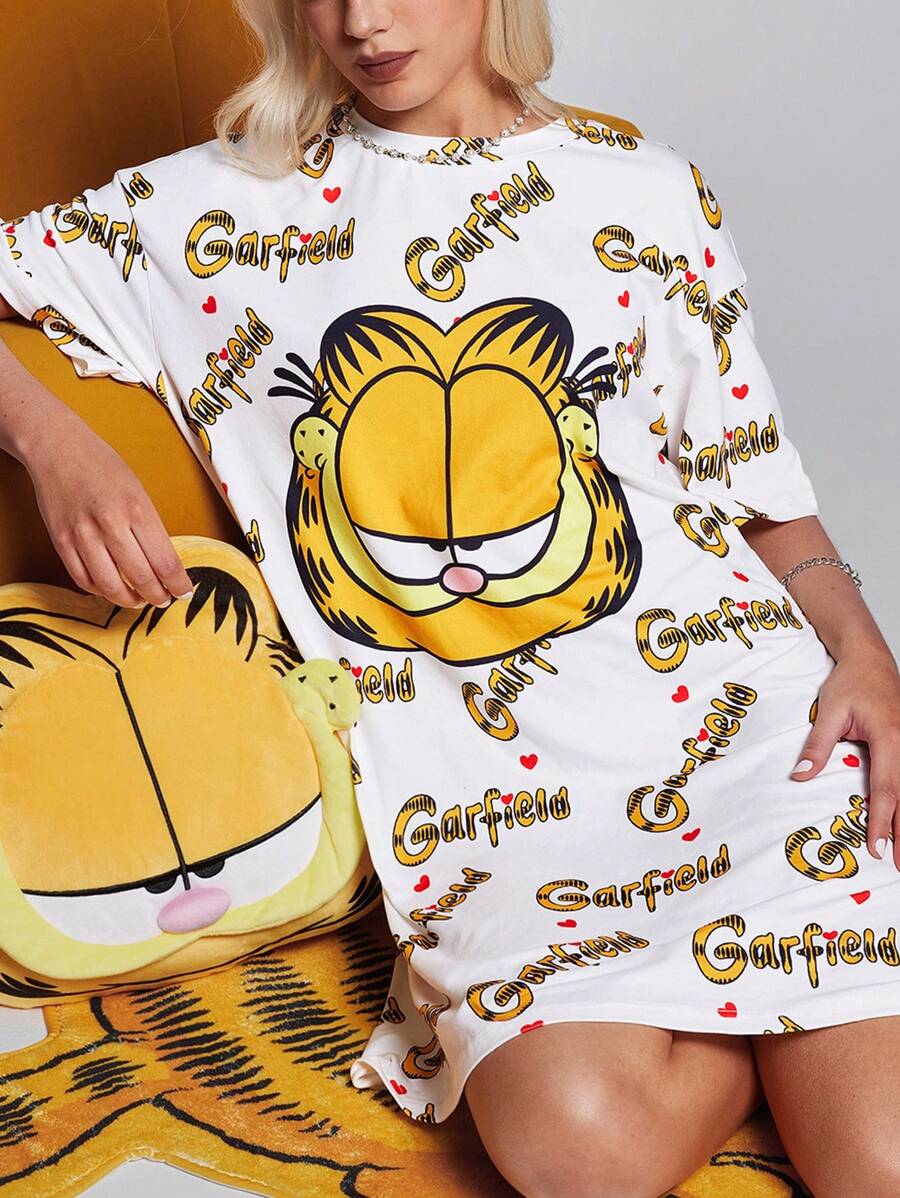 GARFIELD | SHEIN Váy ngủ cổ tròn tay ngắn in chữ và mèo dễ thương cho nữ mùa hè, áo phông in hình mèo dễ thương - Màu vàng - Xem 1