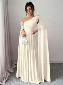 Rafferiza 红色蓬松荷叶边网眼礼服，奢华超长袖派对礼服，适合情人节穿着 - 杏色 - 查看 6