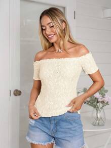 SHEIN VCAY 度假休闲纹理露肩露肩修身短袖 T 恤