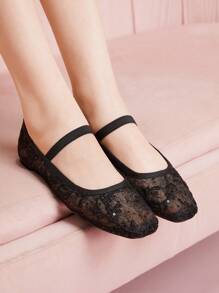 CUCCOO DOLLMOD Fashion Black Mesh Rhinestone Bow Decor Ballet Flats - Black - View 1