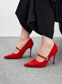 CUCCOO BIZCHIC Women's Fashionable Elegant Simple Solid Color Pointed Toe Back Open High Heel Pumps - Red - View 4