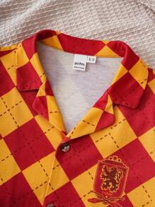 HARRY POTTER X SHEIN Tween Boy Lion House 格子马球领上衣和短裤睡衣休闲家居服套装 - 酒紅色 - 查看 6