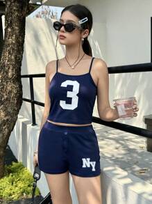 2pcs/Set Teen Girl Casual Minimalist Comfortable Versatile Letter Graphic Camisole And Shorts Set - Navy Blue - View 1