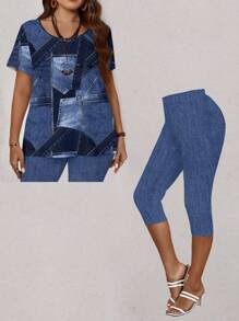 EMERY ROSE 2 pezzi Set da donna taglie forti di maglietta estiva casual con stampa effetto jeans patchwork e leggings 7/10 lunghezza
