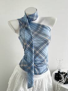 Elamini 女士夏季休闲/度假无袖斜肩蕾丝荷叶边背心，蓝色格子 - 藍色 - 查看 5
