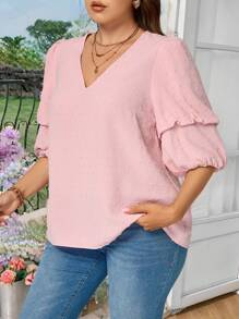 SHEIN LUNE 大码女式小 V 领双层泡泡袖镂空面料常规衬衫 - 粉色 - 查看 5