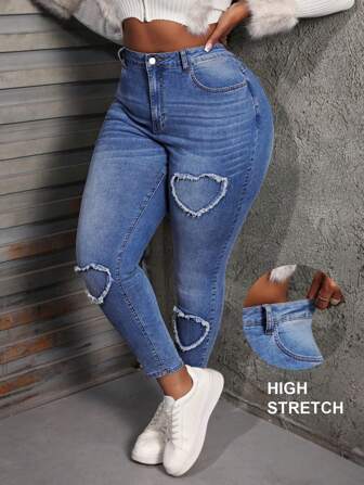 SHEIN SXY Jeans in großen Größen für Frauen, enge Passform, elastisch, mit Liebe-Stickerei, blaue Damenjeans, Mutter-Jeans, Denimjeans, Jeanshosen, Jeggings, dehnbare Jeans