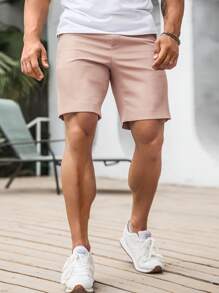 Manfinity Homme 男士纯色时尚短裤，适合夏季穿着 - 粉色 - 查看 4