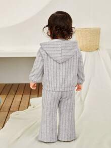 SHEIN Babygirl Autumn/Winter Cute All-Match Versatile Solid Gray Fuzzy Ribbed Hooded Cardigan & Elastic Waist Flare Pants Set - Multicolor - View 2