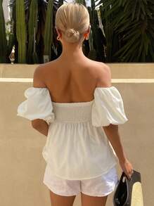 Livesso Blusa corta a spalle scoperte con maniche a sbuffo, di colore unito, per vacanze al mare, crociere, outfit da donna. Top a balze, scollo a spalle scoperte