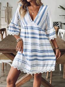 Breezaya Women Striped V-Neck Geometric Pattern Sexy Casual Vacation Khaki Long Sleeve Dress, Elegant For Party - Blue - View 6