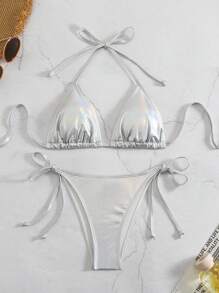 Swim Mod Women's Summer Beach Solid Color Halter Tie Sexy Bikini Set - Silver - View 1