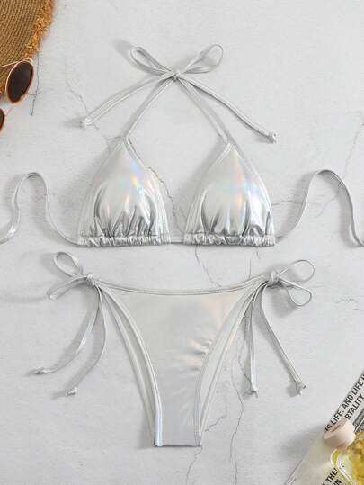 Swim Mod Women's Summer Beach Solid Color Halter Tie Sexy Bikini Set