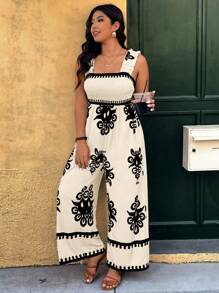 SHEIN Holidaya Plus Size Women Totem Print Elastic Strap Straight Leg Casual Loose Jumpsuit Romper - Multicolor - View 3