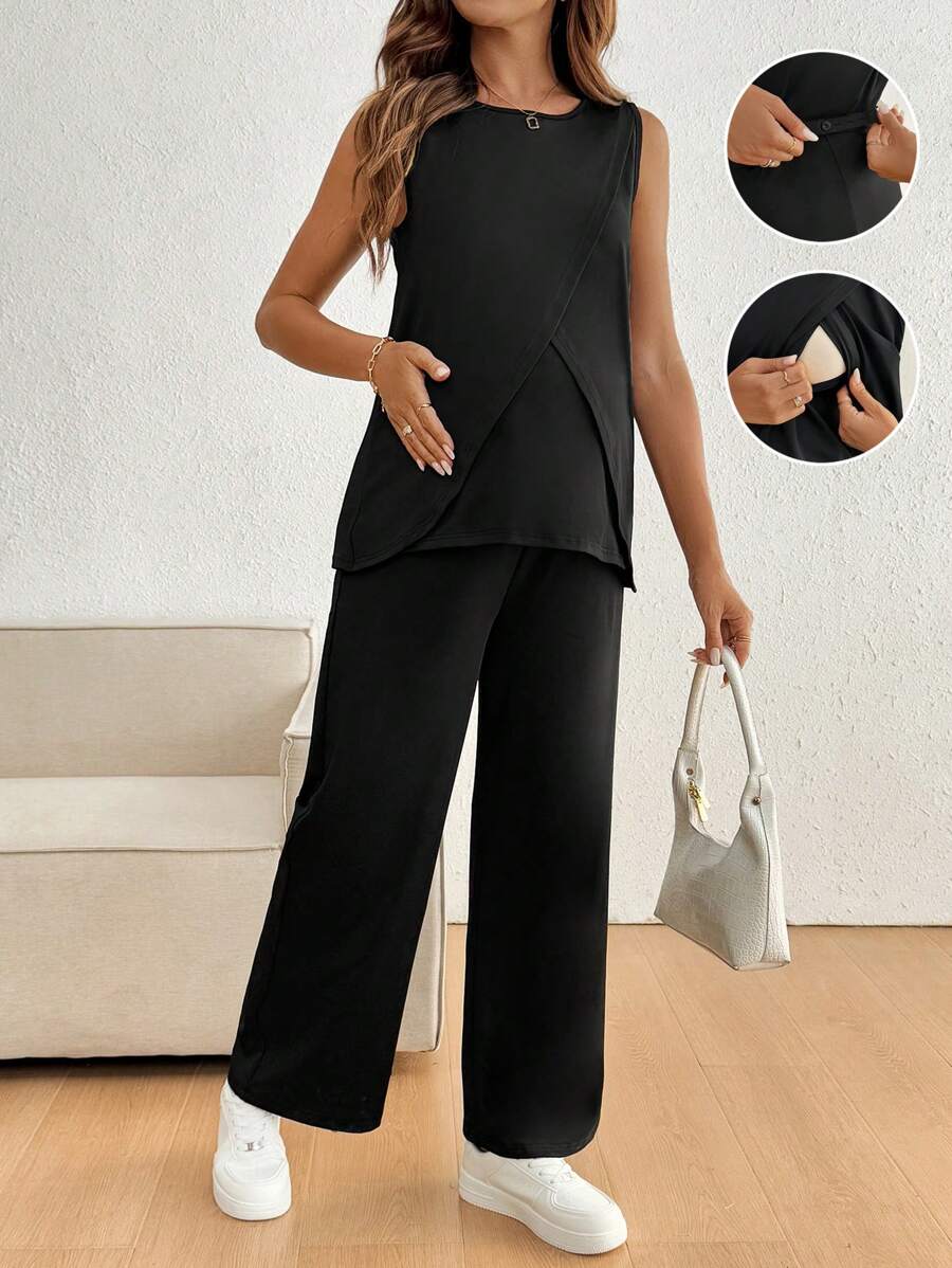 SHEIN Maternity Solid Color Casual Nursing Camisole And Pants Set, For Summer