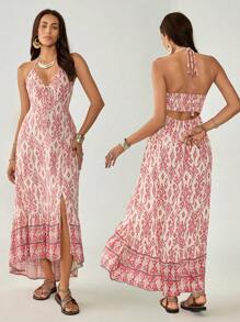 Florisole 波西米亚风女式 V 领花卉印花休闲连衣裙 - 粉色 - 查看 2