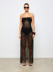 AiiRZ Bandeau Beachwear Crochet Tassel Maxi Dress - Black - View 1