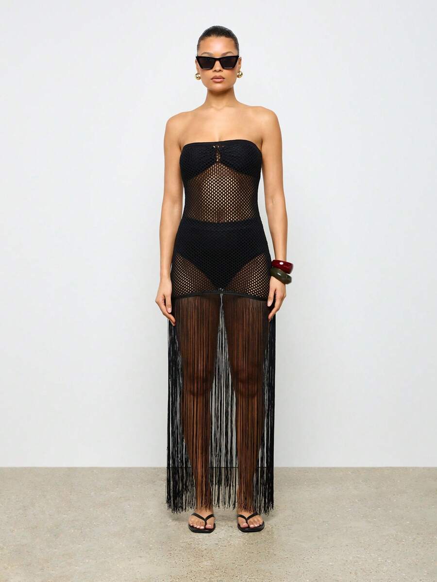 AiiRZ Bandeau Beachwear Crochet Tassel Maxi Dress - Black - View 1