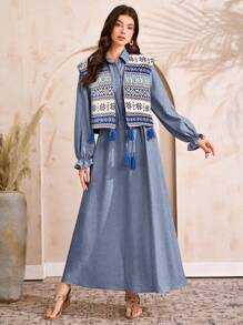 Al Najma Conjunto de vestido largo de unicolor y chaleco con estampado geométrico para mujer, modesto
