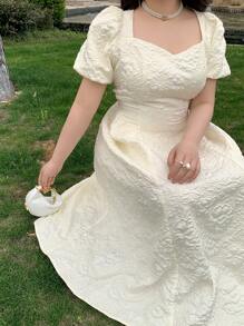 Dazy Plus 大码纹理面料方领泡泡袖裹身连衣裙，喇叭裙摆，春夏女工连衣裙，优雅女士连衣裙，维多利亚复古风格连衣裙，舞会礼服，精致女装 - 杏色 - 查看 6