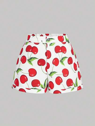 SHEIN MOD Plus Size Cherry Print Elastic Waist Casual Shorts,Cute Shorts
