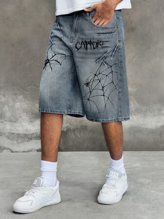 Street Life Herren lässige weite Denim Shorts mit Spinnen-Muster