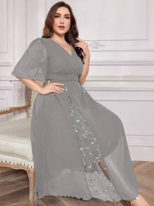 Modelyn Elegantes Kleid in Große Größen mit floraler Stickerei und Mesh-Einsätzen - Grau - Übersicht 4