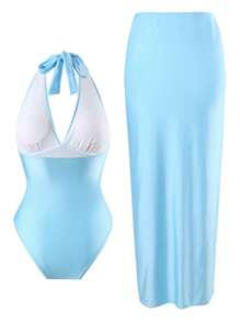Swim Oasis 女士优雅浅蓝色闪亮面料海星装饰连体泳衣和沙滩裙，夏季 - 淺藍色 - 查看 2