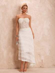 Glamine Spring & Summer Romantic Vacation Solid Color See-Through Lace Tube Top Gathered Breast Cup Women's Top,Back To School Clothes Women Tops,Spring Dress&Summer Dress Corset Top,White Women Dresses Festival Outfits&Music Festival,Rave Festival Outfits,Wedding Guest Summer,Shien Frenchy