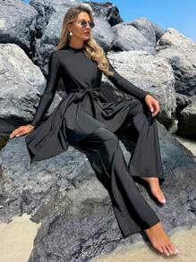 Swim Mulvari 2 pezzi Costume da bagno da donna, top a collo tondo manica lunga e pantaloni con coulisse in vita, set burkini modesto per vacanze, protettivo dal sole