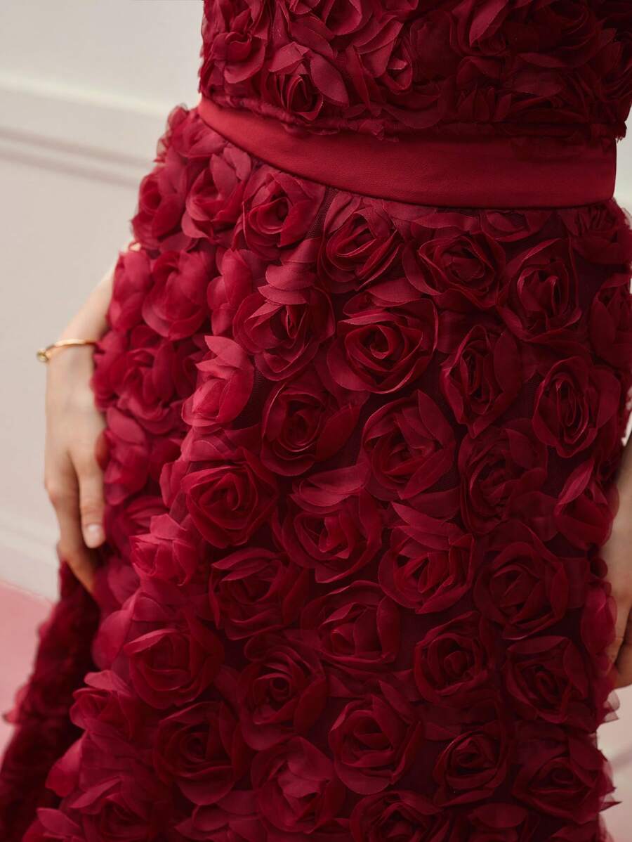 MOTF PREMIUM FLORAL APPLIQUED FLARED SKIRT,VALENTINE'S DAY - Burgundy - View 2