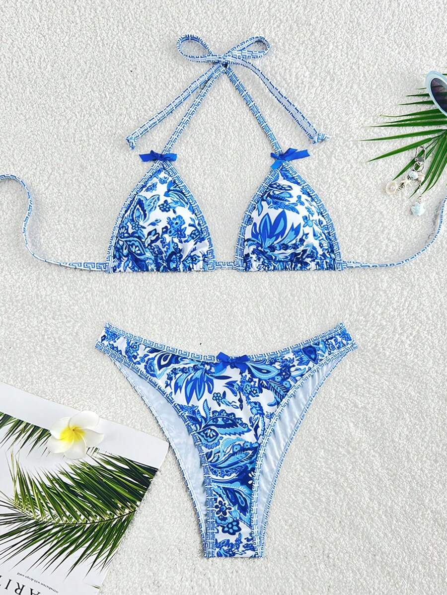 SHEIN Women's Bohemian Print Lace-Up Triangle Bikini Set, Suitable For Beach & Resort Vacation For Summer - Blue - View 1