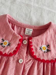 SHEIN Vintaside Kids Young Girl Floral Embroidery Peter Pan Collar Sleeveless Casual Dress Summer Holiday - Pink - View 6