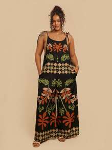 Travachic Macacão Folgado com Estampa Tropical Geométrica sem Alça com Bolsos, Estilo Casual de Férias, Verão, Plus Size para Mulheres