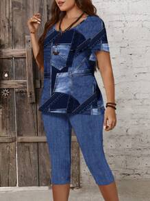 EMERY ROSE 2 pezzi Set da donna taglie forti di maglietta estiva casual con stampa effetto jeans patchwork e leggings 7/10 lunghezza