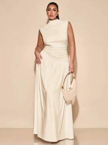 SHEIN BAE 大码女式优雅无袖褶皱连衣裙，春夏无袖高领纯白色不对称褶皱超长连衣裙，适合秋冬季作为汗衫、法式连衣裙、晚礼服、生日礼服、伴娘礼服、简约日常优雅连衣裙