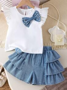 Sparklyn 2 件女童 3D 牛仔蝴蝶结盖袖 T 恤和宽松荷叶边下摆牛仔短裤套装，春夏 - 白色 - 查看 1