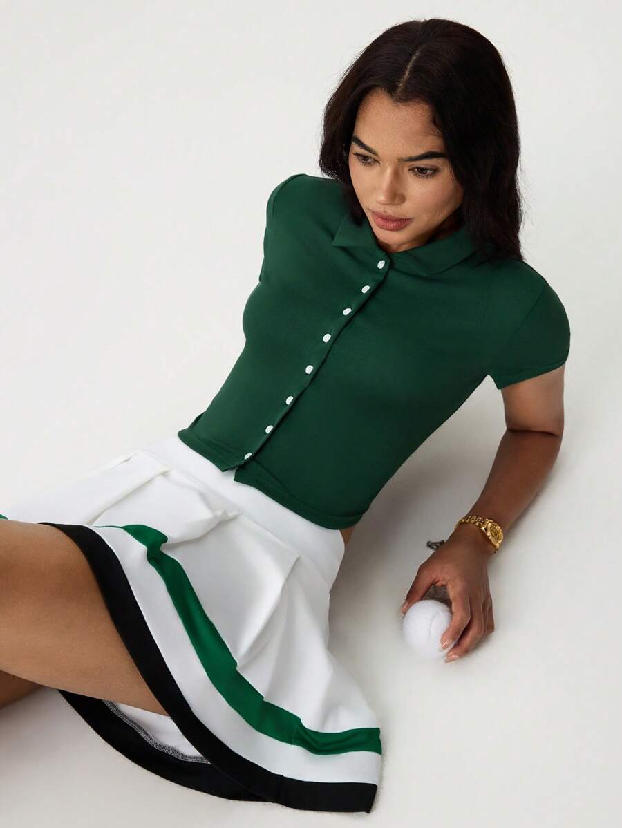 Hanevo Áo thun polo hở nút phía trước màu trơn phong cách cổ điển dành cho nữ, áo thun co giãn tay ngắn có cổ - Màu xanh lá cây đậm - Xem 1