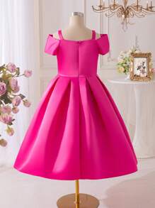 SHEIN Glamorique Kids 青少年女孩优雅纯色蝴蝶结装饰露肩连衣裙 - 玫紅色 - 查看 2