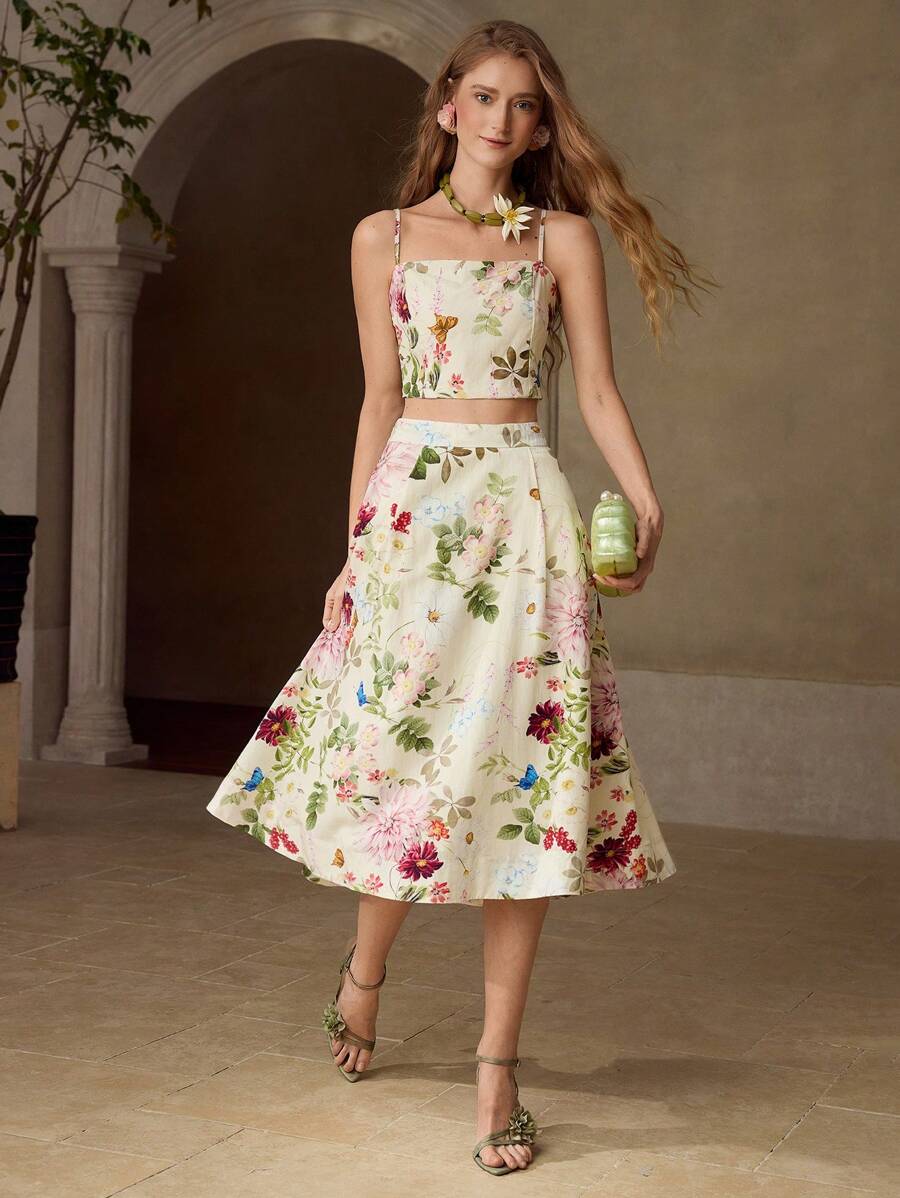 MOTF PREMIUM Conjunto de top de tirantes con estampado floral y falda fluida - Multicolor - Ver 1