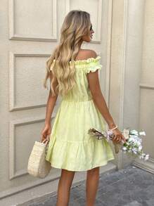SHEIN LUNE Pale Yellow Summer Boho Vacation Holiday Butter Yellow Easter Dress,Off-Shoulder Short Dress For Women,Cute Graduation Wedding Guest Derby - Yellow - View 7