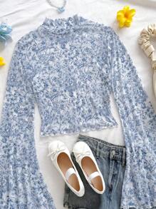 Soleia 女用全身印花立領喇叭袖上衣 - 藍白色 - 查看 5