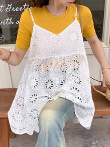 FRIFUL 女式白色 A 字镂空无袖吊带背心，波西米亚乡村风格，夏季娃娃装上衣
