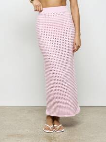 AiiRZ Knitted Maxi Skirt Open Weave Summer Beach Cover Up Long Length Vacation Resort Wear Breathable Light Weight Pool Side Fashion - Baby Pink - View 1